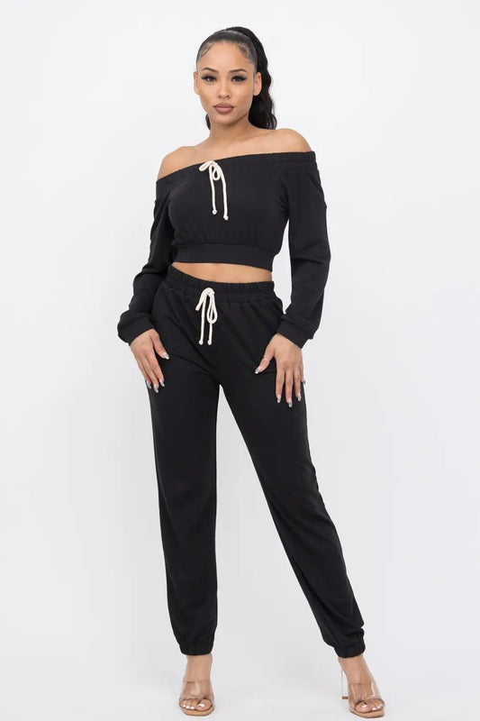 Elastic Band Tube Top Drawstring Jogger Pants Set- Black - Solé Resale Boutique thrift