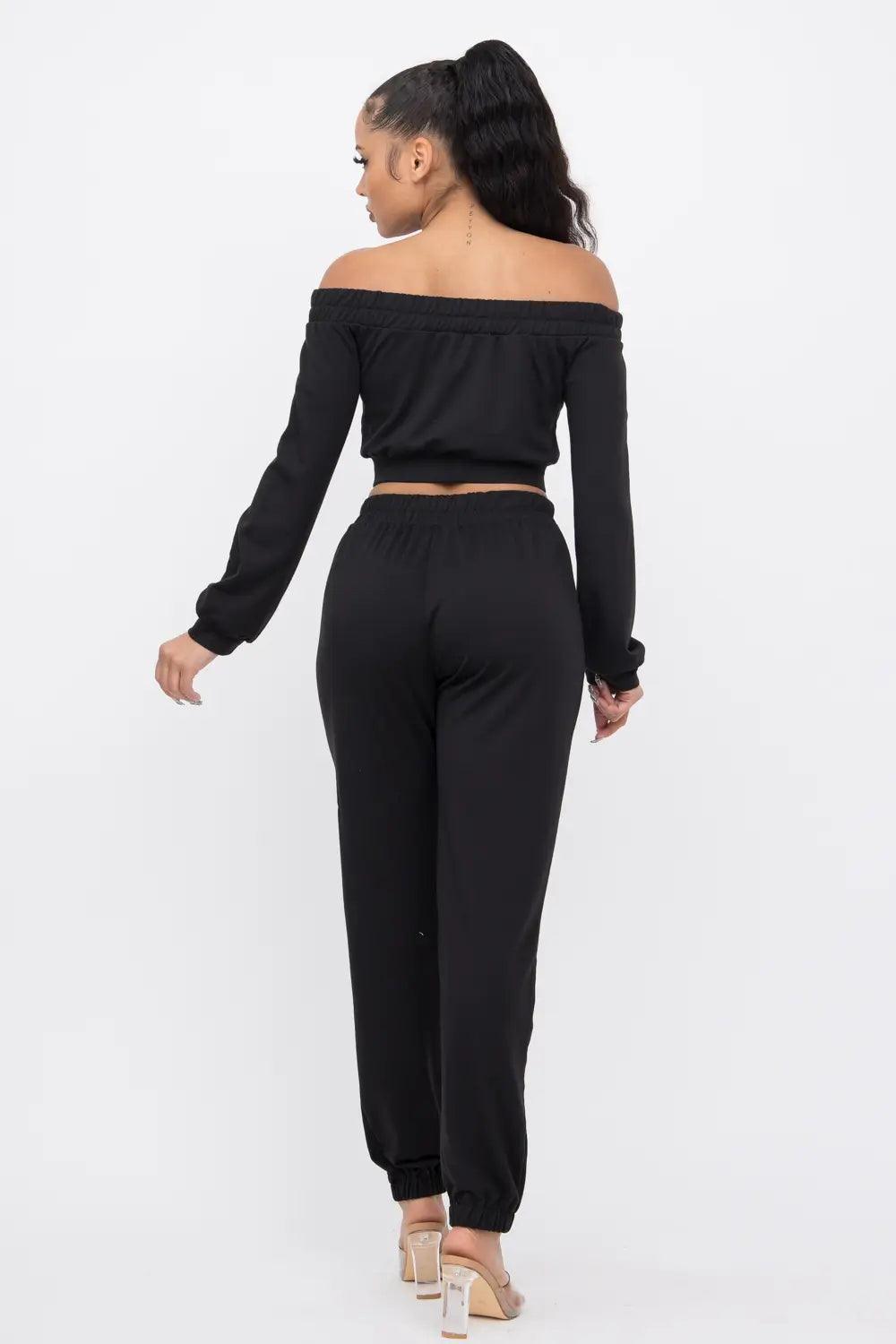 Elastic Band Tube Top Drawstring Jogger Pants Set- Black - Solé Resale Boutique thrift