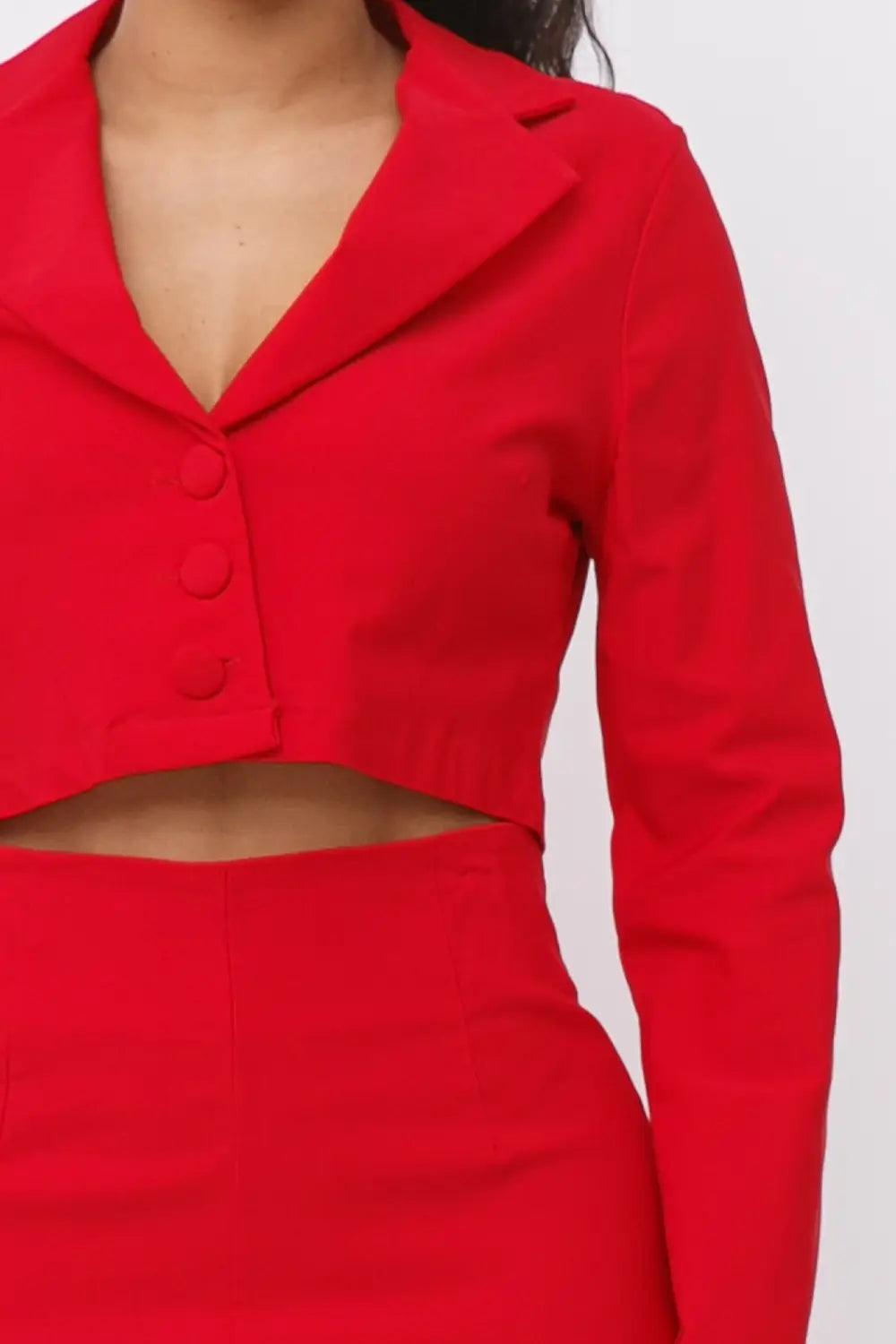 Functional Button Down Cropped Blazer And Shorts Set- Red - Solé Resale Boutique thrift
