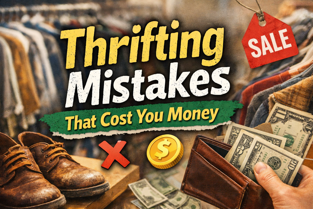 Thrifting mistakes that cost you money shown with thrift store items and warning price tags