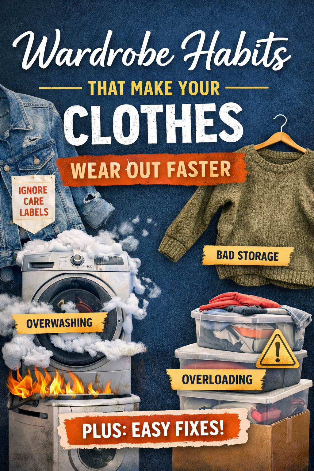 Wardrobe habits that make clothes wear out faster, including overwashing, hot drying, and poor clothing storage