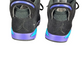Pair of black sneakers with purple and blue sole on a white background