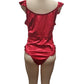 Red satin swimsuit on a mannequin against a white background