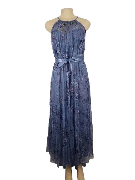 Blue floral dress on a mannequin against a white background