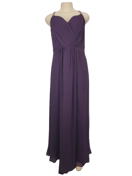 Purple evening gown on a mannequin against a white background