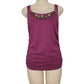 Purple tank top with embellishments on a mannequin against a white background
