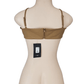 Brown bra on a mannequin with a tag against a white background