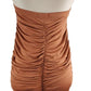 Brown ruched dress on a mannequin against a white background
