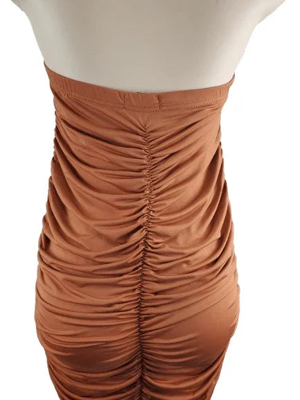 Brown ruched dress on a mannequin against a white background
