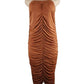 Brown strapless ruched dress on a mannequin against a white background