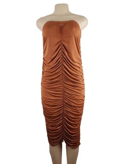 Brown strapless ruched dress on a mannequin against a white background