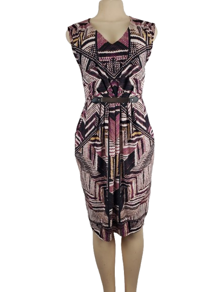 Patterned dress on a mannequin against a white background