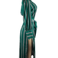 Green and white striped dress on a mannequin against a white background