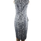 Blue and white patterned dress on a mannequin against a white background
