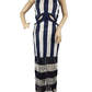 Mannequin wearing a navy and white striped dress with cut-out design on a white background