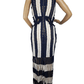 Mannequin wearing a sleeveless dress with black and white striped pattern on a white background