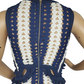 Mannequin wearing a blue and white patterned dress with a zipper.