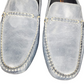 Pair of light blue loafers with gold stitching on a white background
