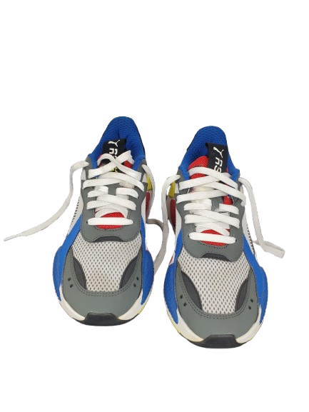 Pair of sneakers with blue, gray, and white design on a white background