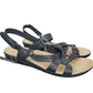 Black sandals with multiple straps on a white background