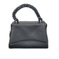 Black handbag with decorative handle on a white background