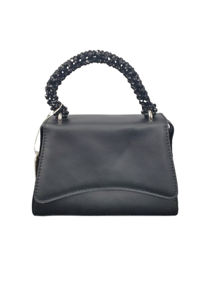 Black handbag with decorative handle on a white background