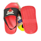 Red slide sandal with black strap featuring a logo on a white background