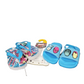 Pair of blue sandals with superhero designs on a white background
