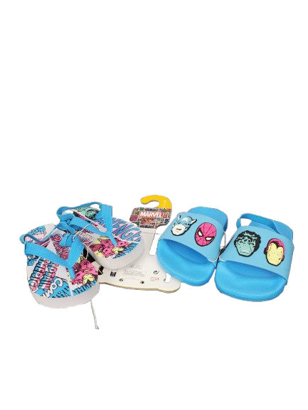 Pair of blue sandals with superhero designs on a white background