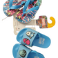 Colorful children's sandals with cartoon characters on a white background