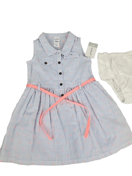 Striped dress with pink belt and matching underwear on a white background
