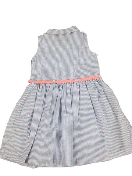 Blue and white striped dress with a pink belt on a white background
