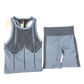 Blue athletic tank top and shorts set with black striped pattern on a white background