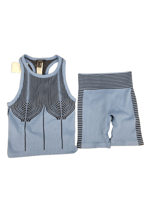 Blue athletic tank top and shorts set with black striped pattern on a white background