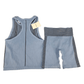 Blue athletic tank top and shorts set with striped design on a white background