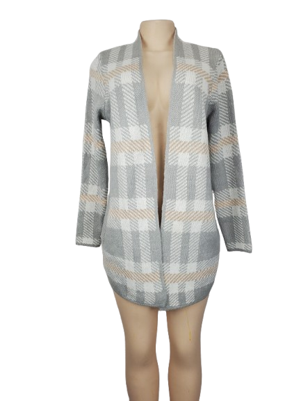 Plaid cardigan on a mannequin against a white background