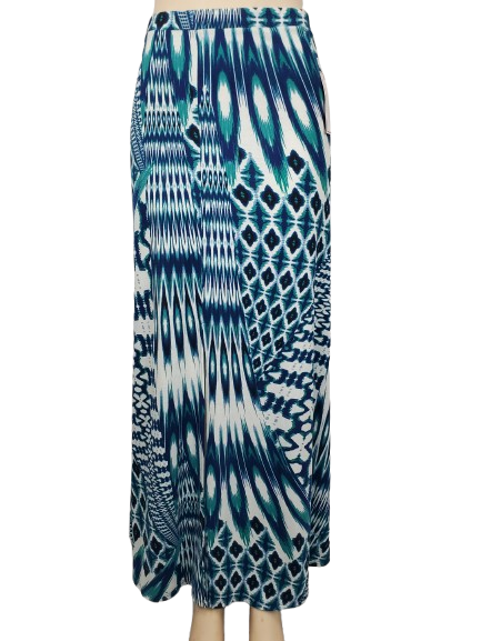 Blue and white patterned skirt on a white background