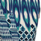 Close-up of a patterned fabric with blue, green, and white colors.