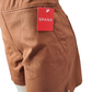 Brown shorts with a red 'Spanx' tag on a white background