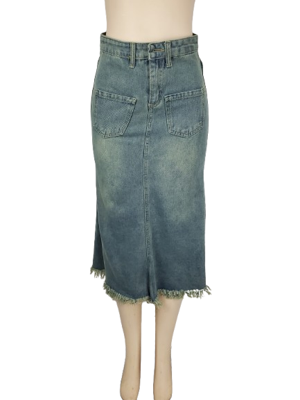 Denim skirt on a mannequin against a white background