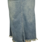 Blue denim skirt with frayed hem on a white background