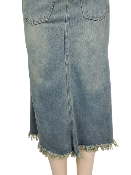 Blue denim skirt with frayed hem on a white background