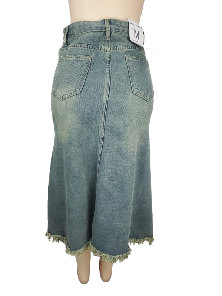 Denim skirt on a mannequin with a white background