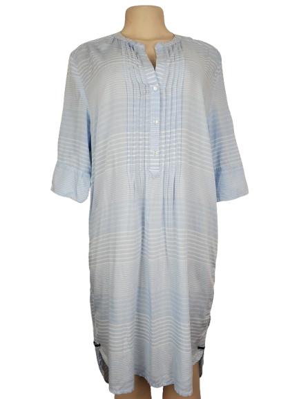 Light blue and white striped shirt on a mannequin against a white background