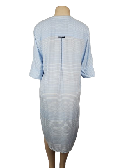 Light blue and white striped dress on a mannequin against a white background