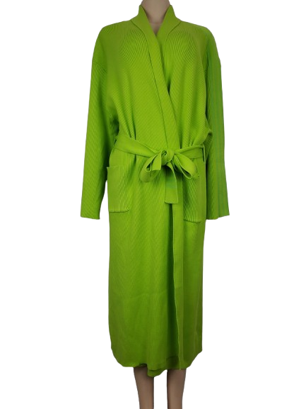 Green robe on a mannequin against a white background