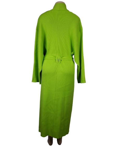 Green ribbed knit dress with a belt on a white background