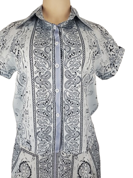 Short-sleeve shirt with a black paisley pattern on a white background