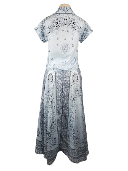 Long skirt and top with a pattern on a white background