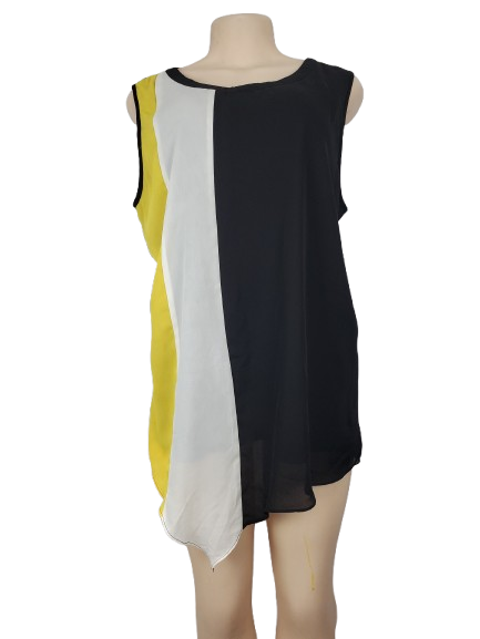Color-blocked sleeveless dress on a mannequin against a white background